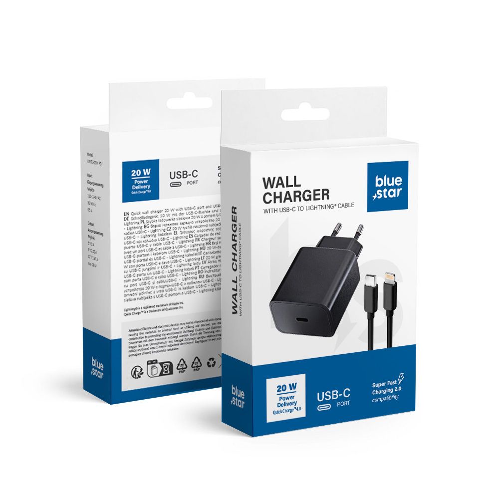 Blue Star TFB-TC-20WPD s USB C zásuvkou 3A 20W s funkciou PD a QC 4.0 + kábel typ C-Lightning