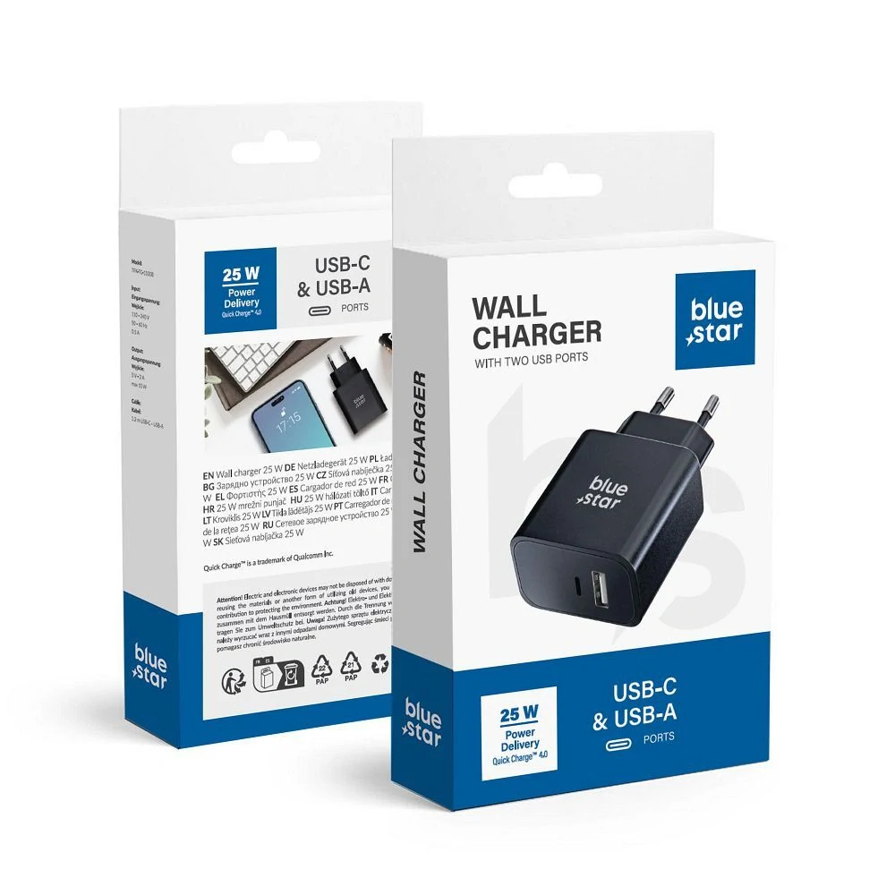 Blue Star TFB-TC-25WPD s USB-C a USB-A zásuvkou 3A 25W s funkciou PD a QC 4.0 bez kábla