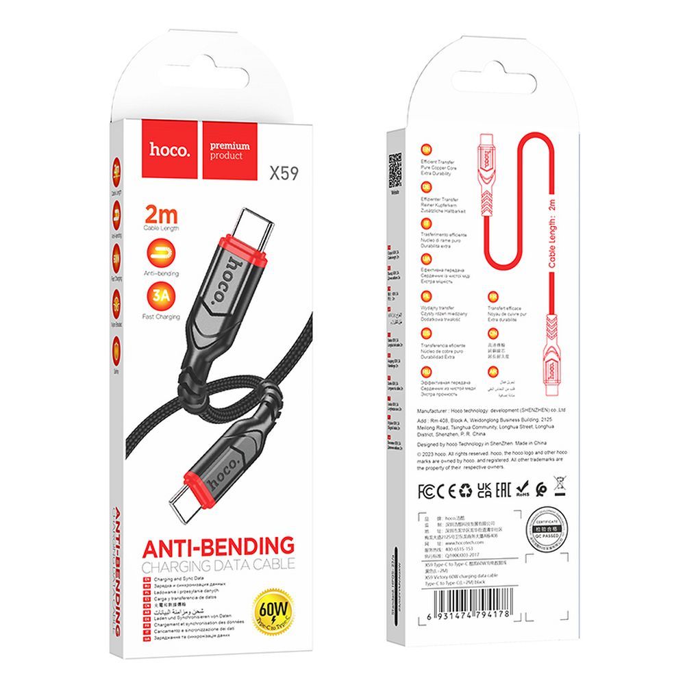 Kábel HOCO X59 typ C-typ C, 2m 60W čierny