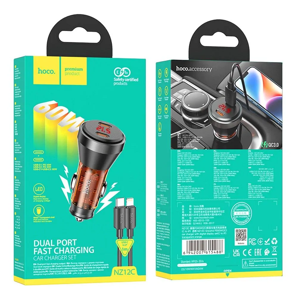 HOCO NZ12C 60W QC 3.0 + kábel typ C- LIGHTNING oranžová