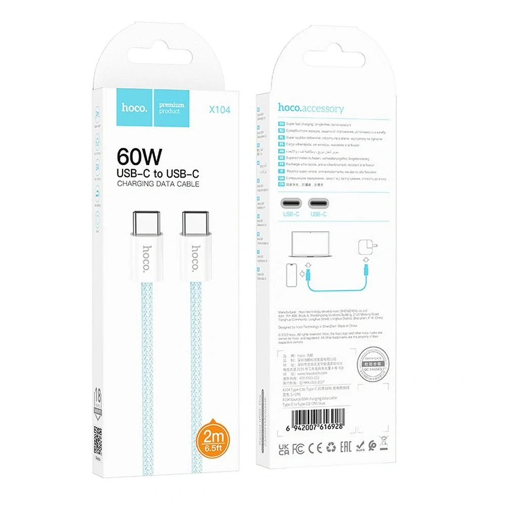 Kábel HOCO X104 typ C-typ C, 2m 60W modrý