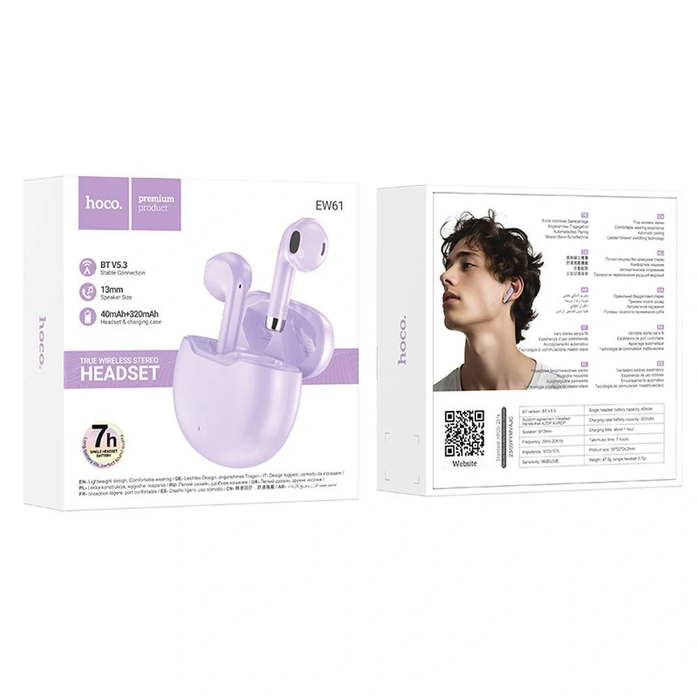 HOCO bezdrôtové slúchadlá / bluetooth stereo TWS June EW61 fialové
