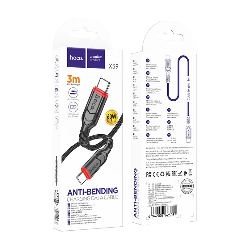 Kábel HOCO X59 typ C-typ C, 3m 60W čierny