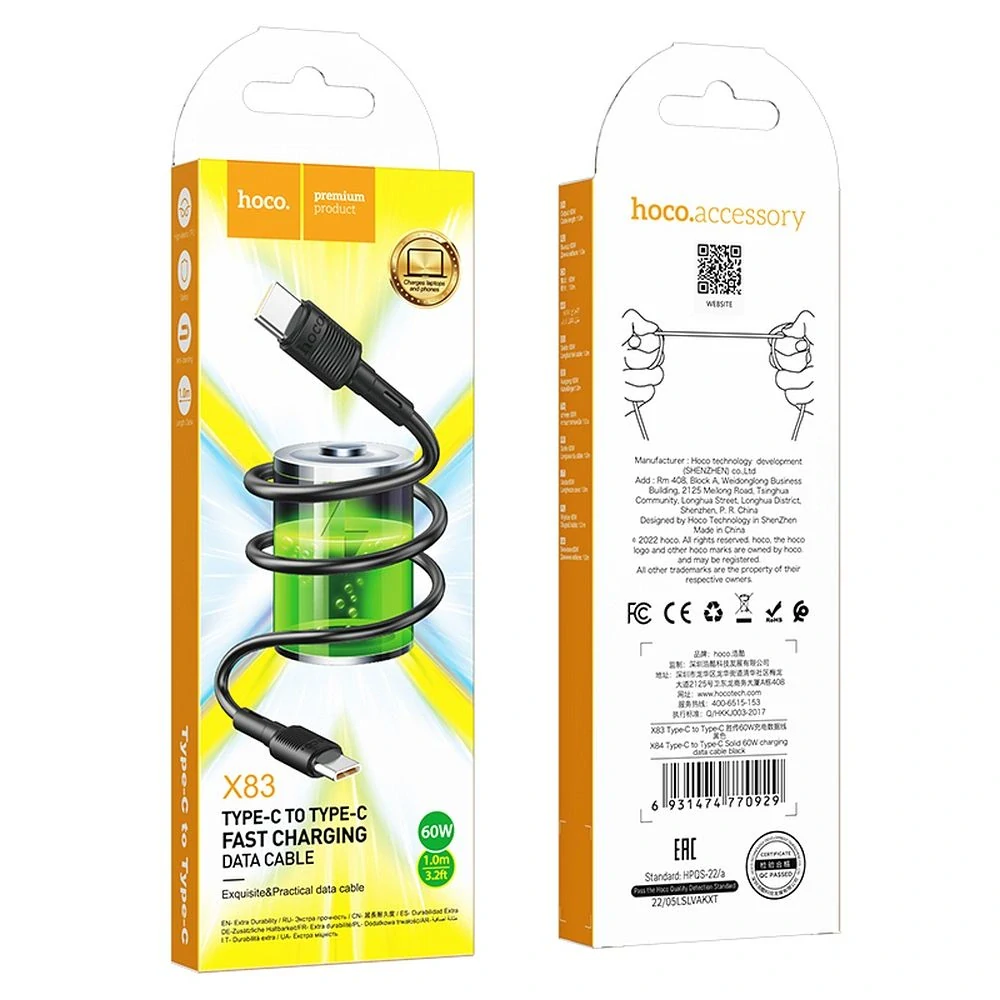 HOCO X83 na koncovku typ C-typ C, 1m 60W 3A čierna kábel