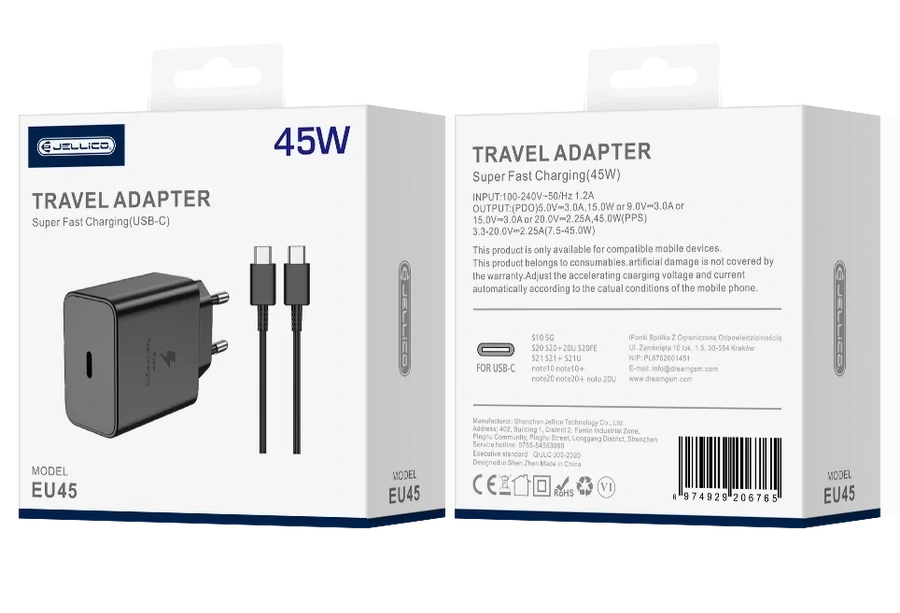 JELLICO EU45 GaN PD 45W 1xUSB-C čierna nabíjačka + kábel na koncovku TYP-C - TYP C universal