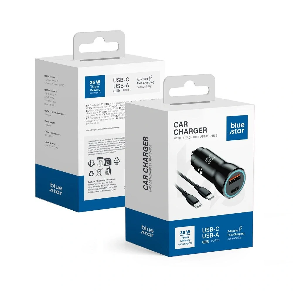 Blue Star 30W PD autonabíjačka čierna + kábel na koncovku typ C - typ C universal