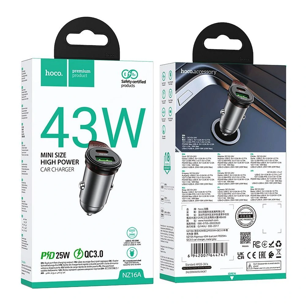 HOCO NZ16A 43W QC 3.0 autonabíjačka + kábel na koncovku typ C- LIGHTNING sivá universal