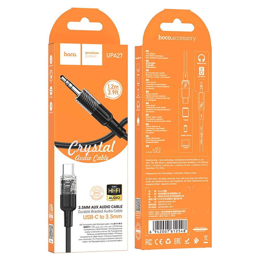 Hoco UPA27 Crystal Clear prepájací AUX USB-C / 3,5 mm jack na iPhone/iPad, černý