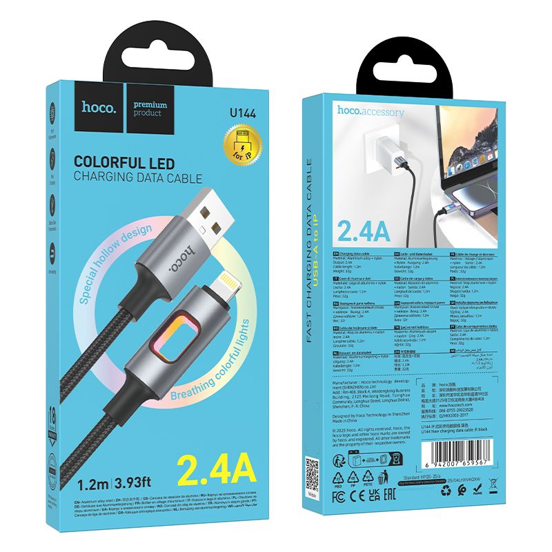 Kábel LED USB-A na Lightning Hoco 2,4A 1,2 m Black
