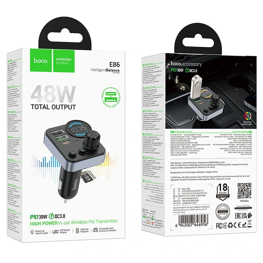 HOCO E86 48W Transmitter FM s autonabíjačkou