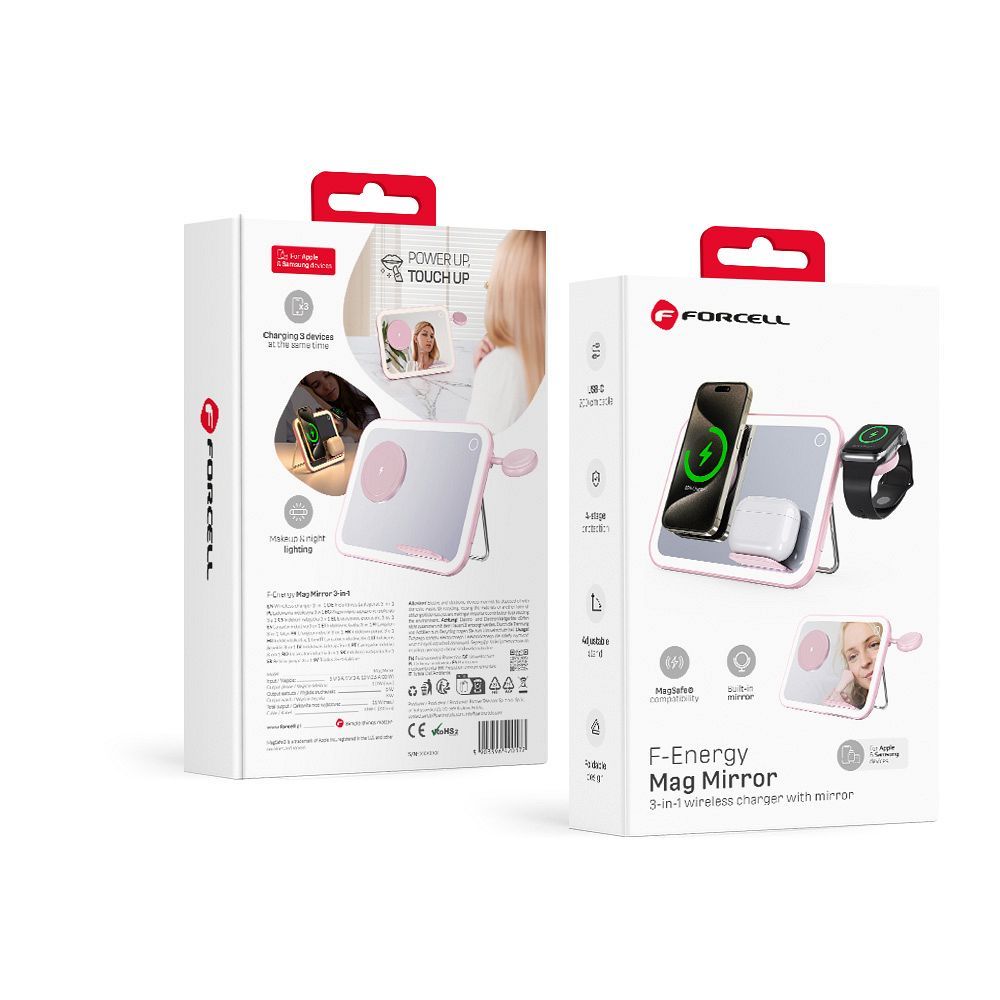 Bezdrôtová nabíjačka Forcell F-Energy Mag Mirror 3v1, C Qi2 15W kompatibilná s MagSafe, Apple Watch, Samsung Watch, ružová