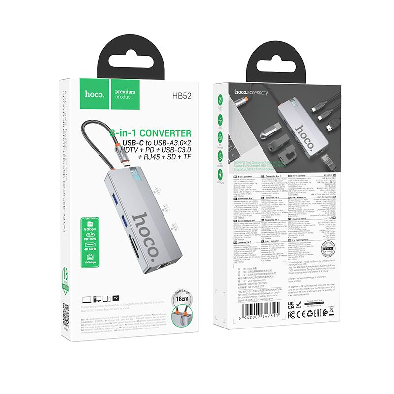 Hoco HB52 8 v 1 hub typu C (HDTV + RJ45 + SD/TF + PD + typ C 3.0 + USB 3.0 2)