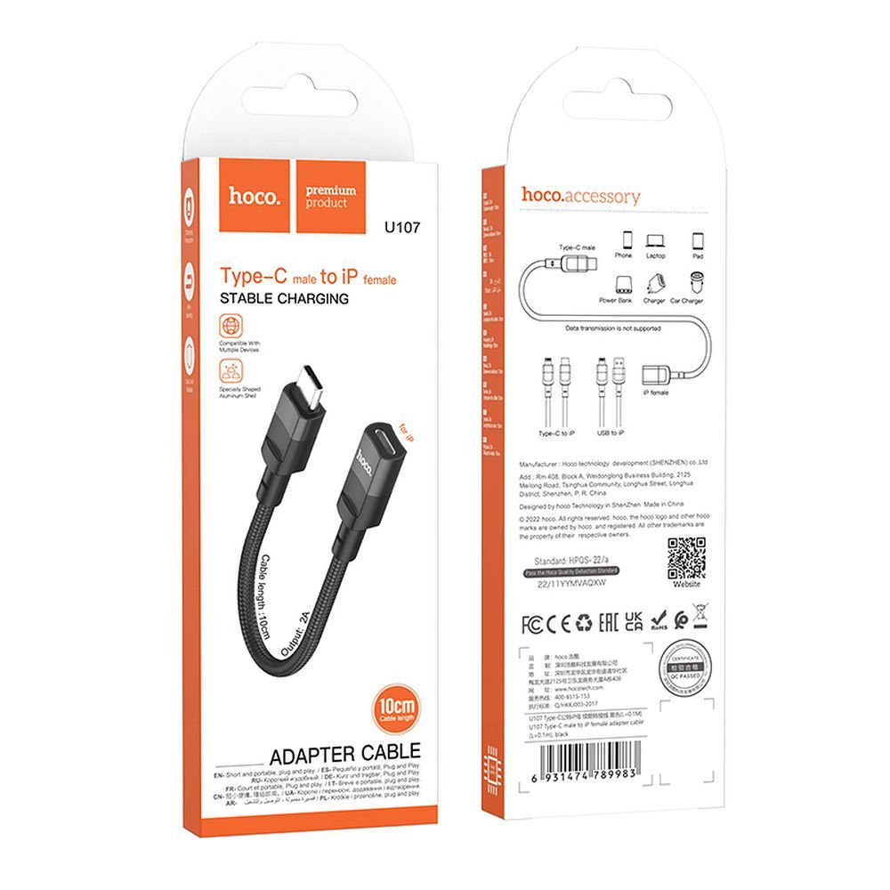 HOCO OTG adaptér typu C (samec) na Lightning (samica) 3A U107 0,1 m čierny
