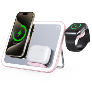 Bezdrôtová nabíjačka Forcell F-Energy Mag Mirror 3v1, C Qi2 15W kompatibilná s MagSafe, Apple Watch, Samsung Watch, ružová